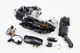 Двигун скутерний в зборі 4Т-80куб (короткий варіатор, довгий вал) + карбюратор, комутатор, котушка запалювання, повітряний фільтр