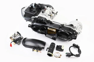 Двигатель скутерный в сборе 4Т-80куб (длинный вариатор, длинный вал) + карбюратор, коммутатор, катушка зажигания, брызговик