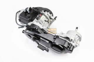 Двигатель скутерный в сборе 4Т-80куб (длинный вариатор, длинный вал) + карбюратор, коммутатор, катушка зажигания, брызговик