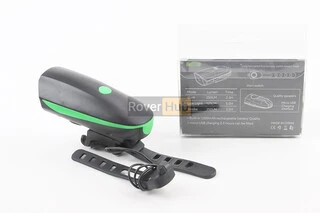 Ліхтар передній 1 діод+дзвінок 4 мелодії, Li-ion 3.7V 1200mAh зарядка від USB, вологозахисний, чорно-зелений FY-058/7588